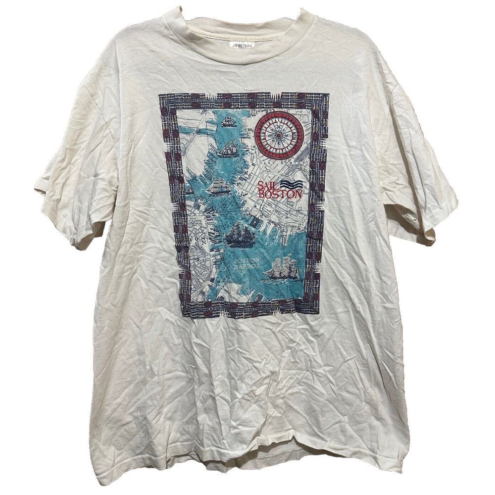 Vintage‎ Sail Boston Graphic Shirt Mens Large White Single Stitch Crewneck 90s